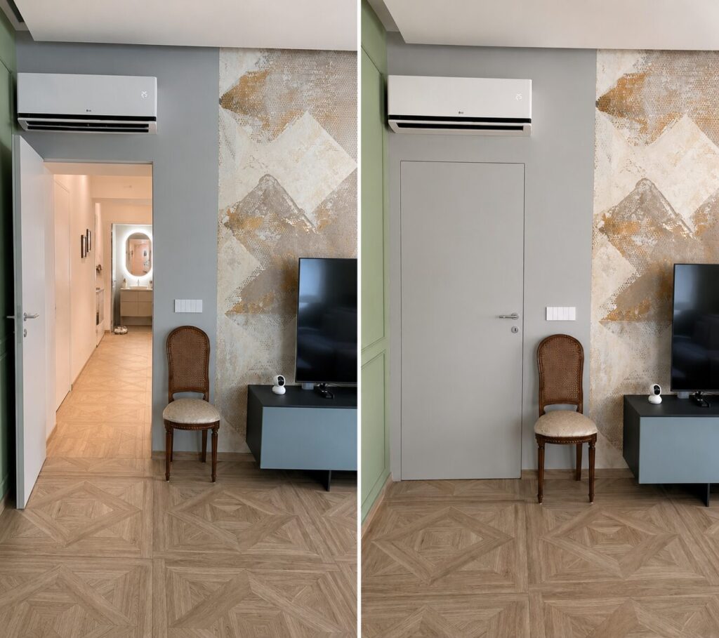 sala porta filo muro aperta chiusa